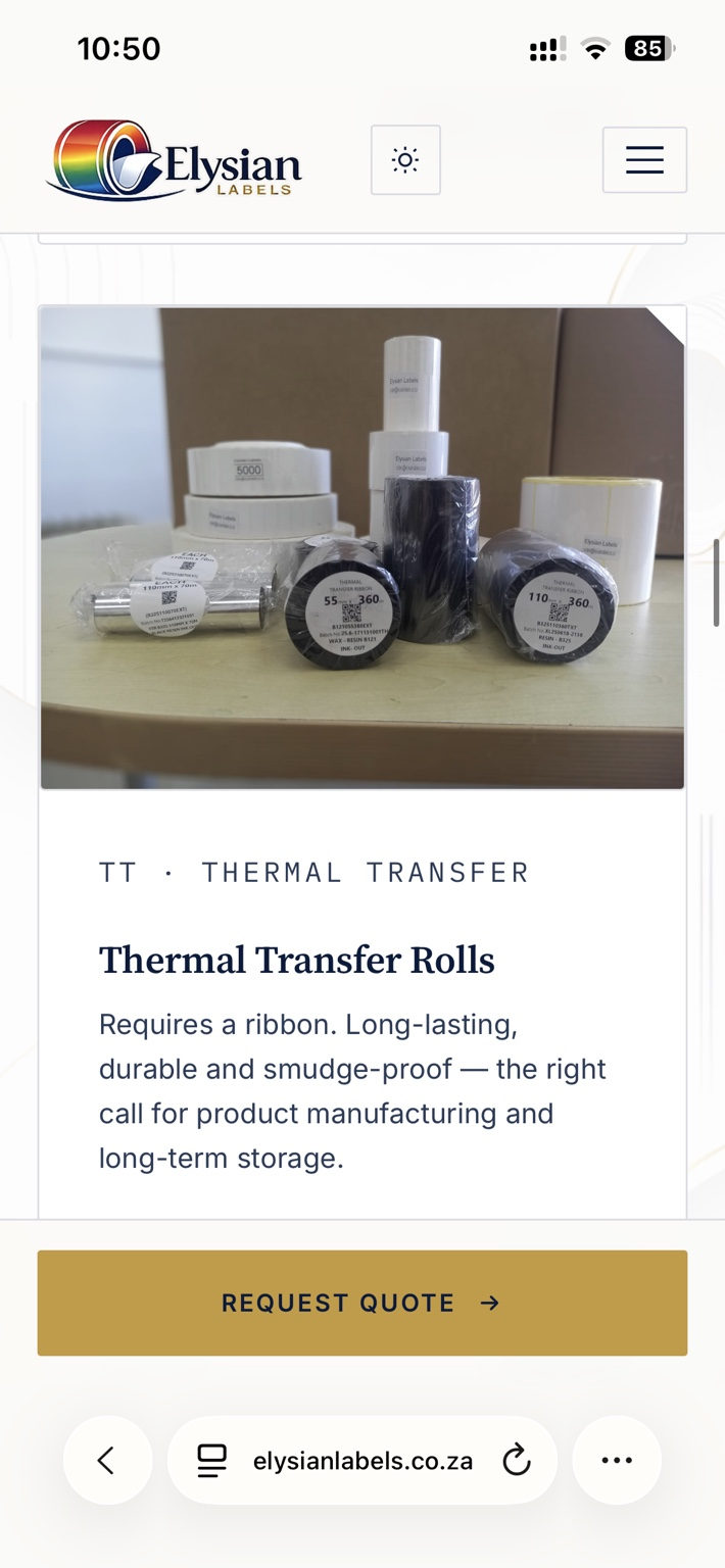 Elysian Labels thermal transfer product section