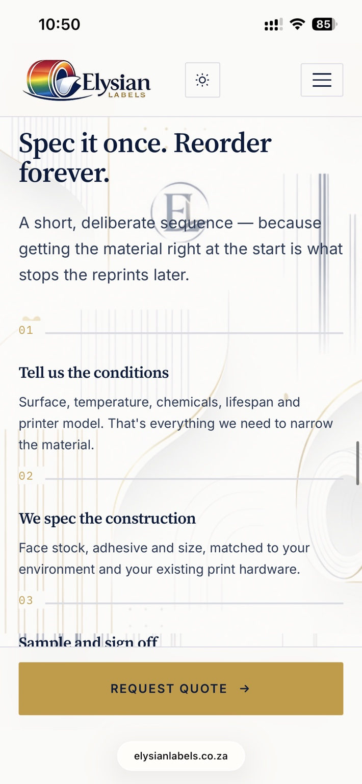 Elysian Labels ordering process section